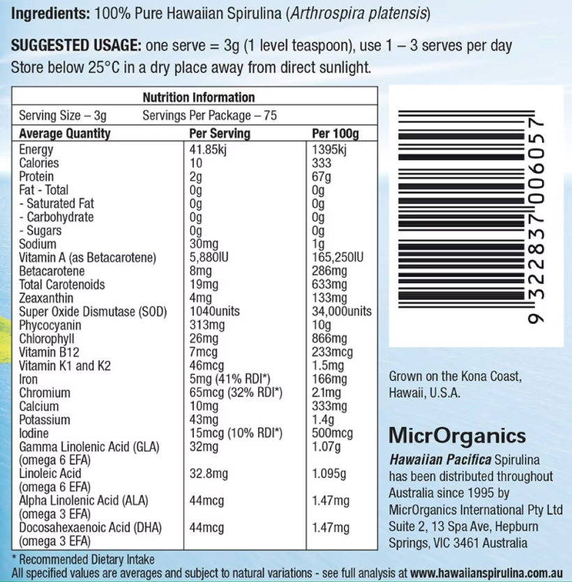 Green Nutritionals Hawaiian Pacifica Spriulina 225g